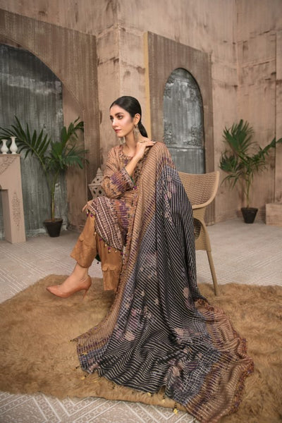 Tawakkal Fabrics 3 Piece Stitched Embroidered Digital Printed Staple Linen with Mirror Work Suit D-7696