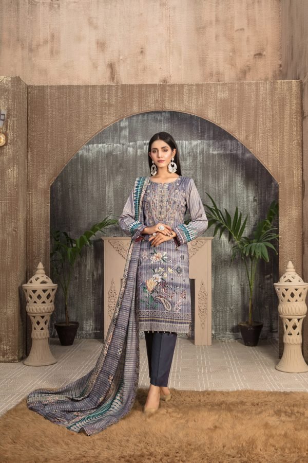 Tawakkal Fabrics 3 Piece Stitched Embroidered Digital Printed Staple Linen with Mirror Work Suit D-7698