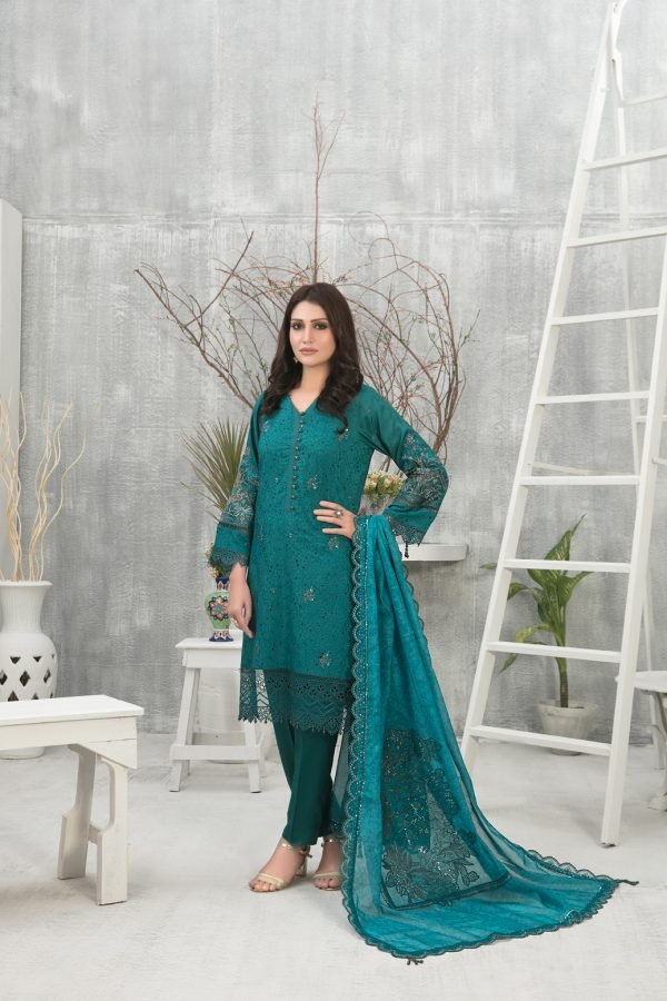 Tawakkal Fabrics 3 Piece Stitched Embroidered Viscose Schiffli Suit D-7758