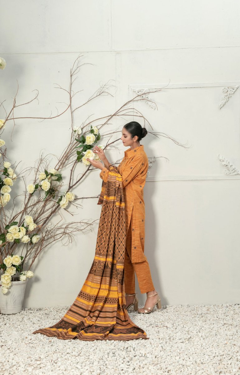 Tawakkal Fabrics 3 Piece Stitched Fancy Embroidered 2-tone Leather Peach Suit D-7839