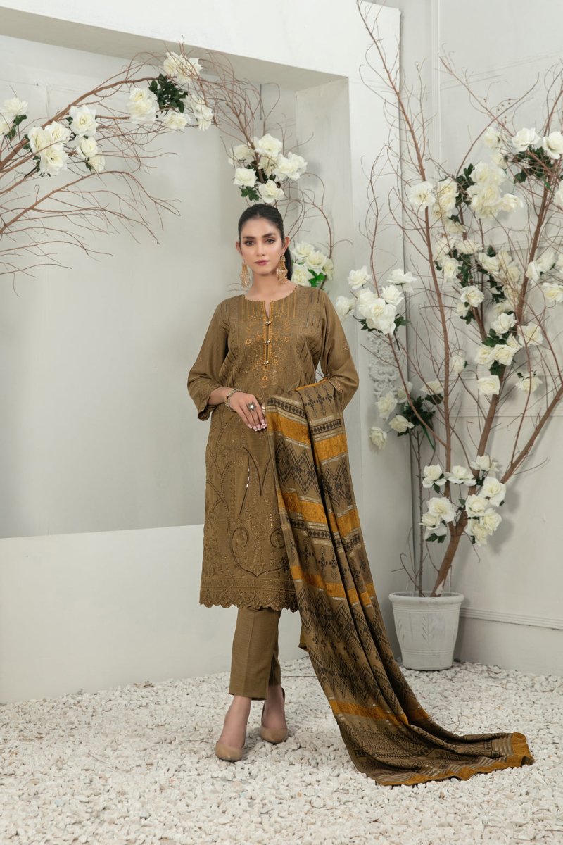 Tawakkal Fabrics 3 Piece Stitched Fancy Embroidered 2-tone Leather Suit D-7851