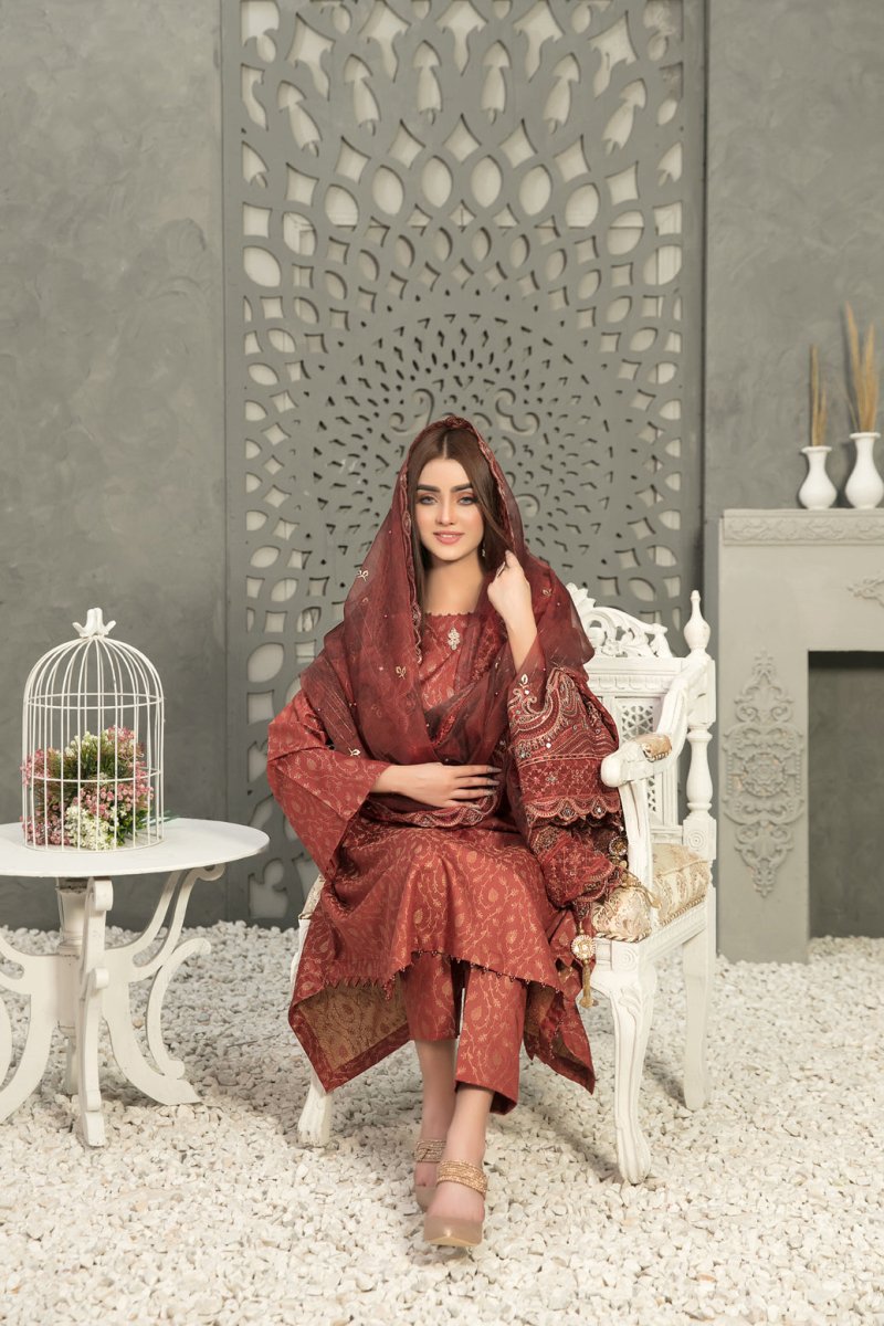 Tawakkal Fabrics 3 Piece Stitched Viscose Banarsi Suit D-7858