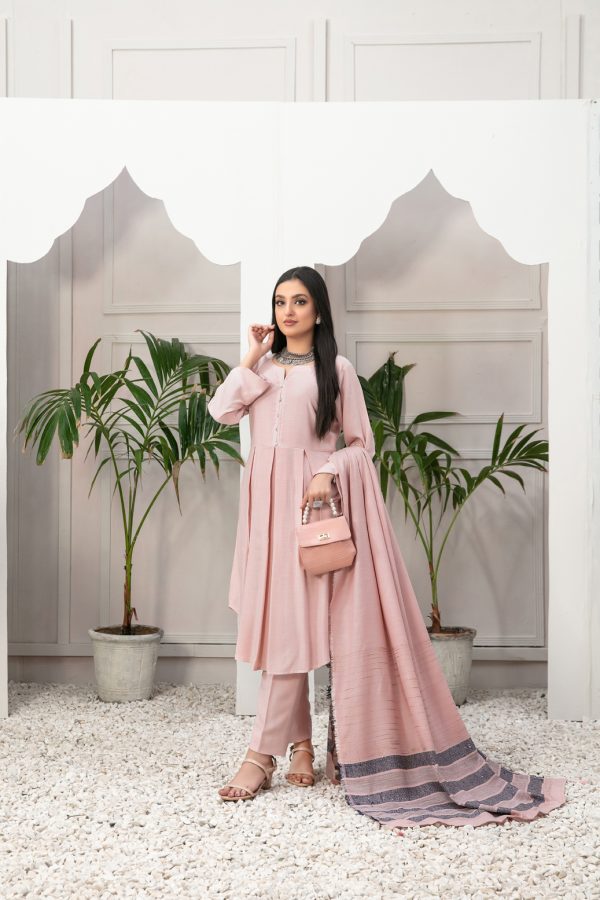 Tawakkal Fabrics 3 Piece Stitched Leather Peach Suit D-8260