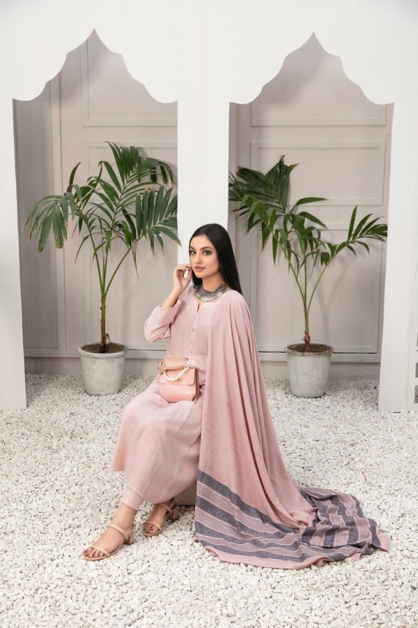 Tawakkal Fabrics 3 Piece Stitched Leather Peach Suit D-8260