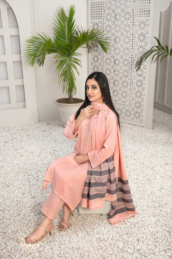 Tawakkal Fabrics 3 Piece Stitched Leather Peach Suit D-8264