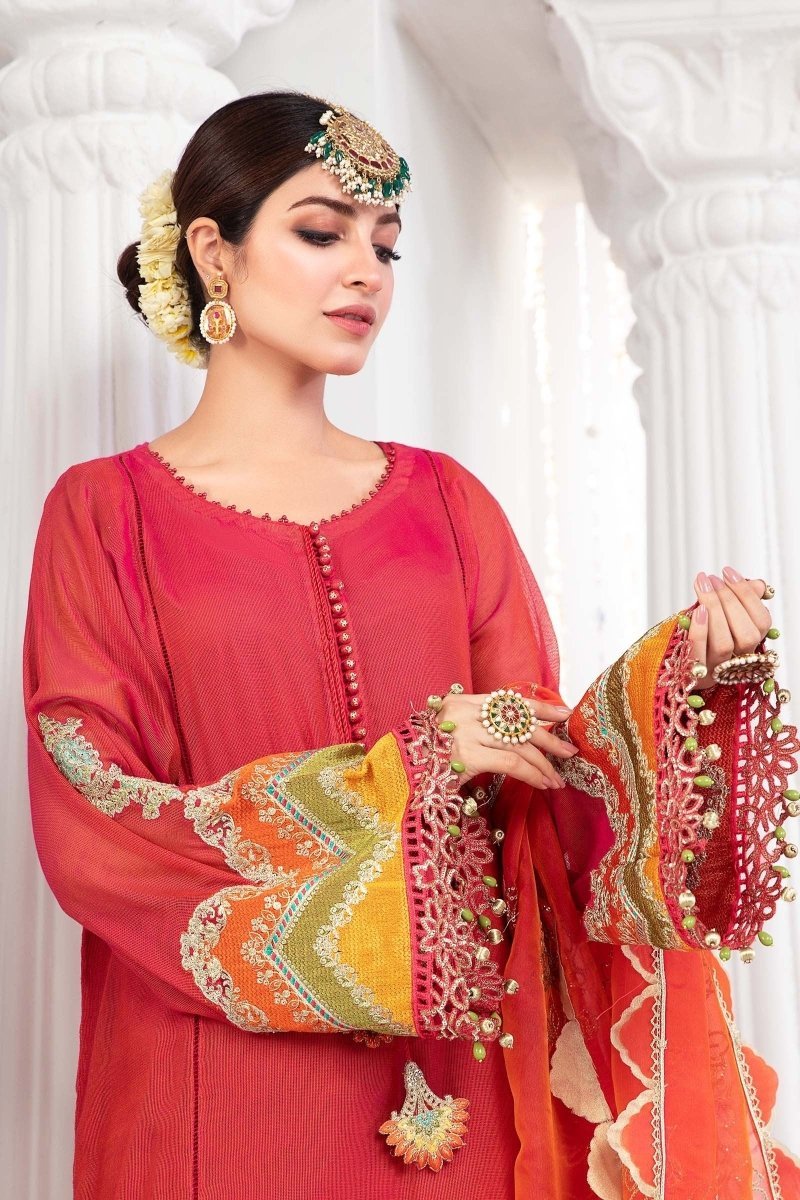 Maria. B 3 Piece Unstitched Embroidered Organza Suit - EL-22-01-Fuchsia Pink