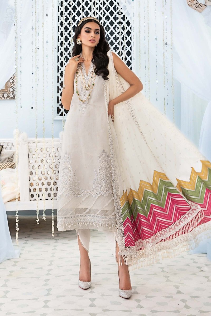 Maria. B 3 Piece Unstitched Embroidered Organza Suit - EL-22-10-Off White