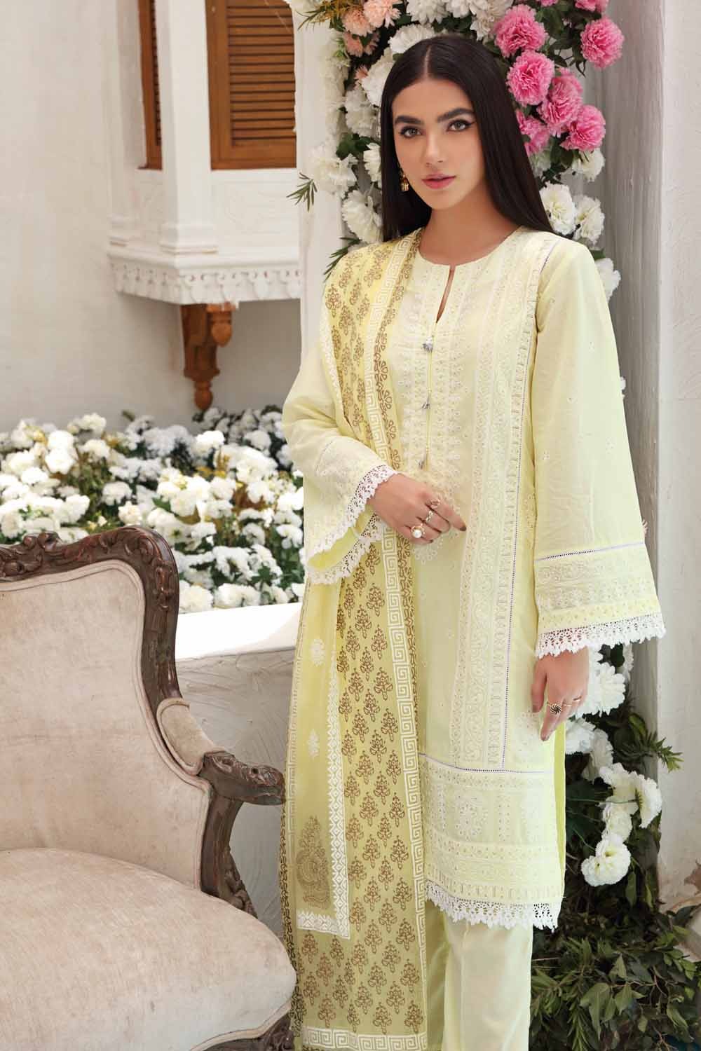 Gul Ahmed 3 PC Unstitched Embroidered Lawn Suit with Gold Gold Printed Bamber Dupatta FE-12120