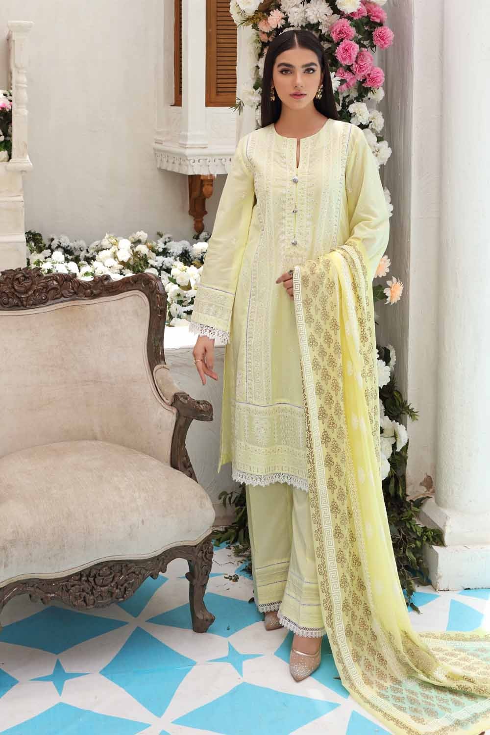 Gul Ahmed 3 PC Unstitched Embroidered Lawn Suit with Gold Gold Printed Bamber Dupatta FE-12120