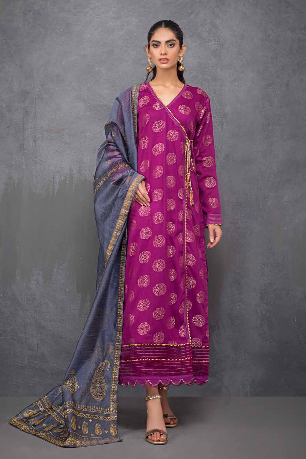 Gul Ahmed 3 PC Unstitched Embroidered Lawn Suit with Cotton Net Gold Printed Dupatta FE-12262