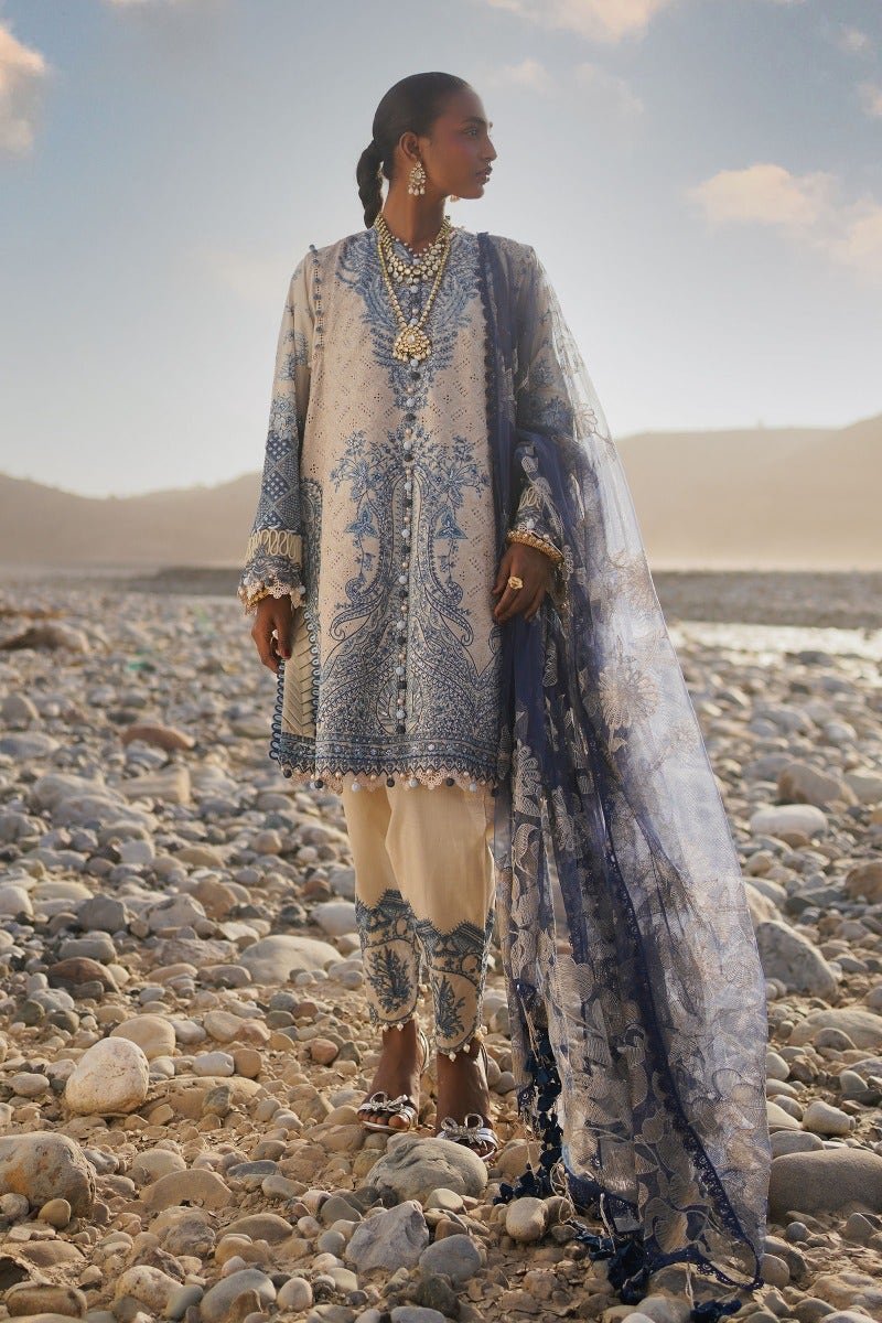SANA SAFINAZ 3 Piece Unstitched Embroidered Schiffli Panel On Lawn Suit - L231-012B-CZ