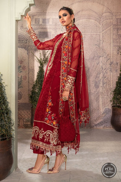 Maria. B 3 Piece Unstitched Embroidered Pure Chiffon Suit - MPC-22-201-Ruby Red