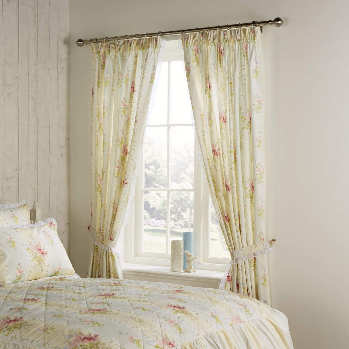Vantona Country Marielle Pencil Pleat Curtains and Tiebacks - Cream - 66 x 72
