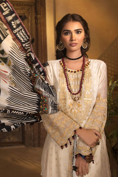 Sapphire Oriental Sunflower Unstitched Suit - Cream & Black