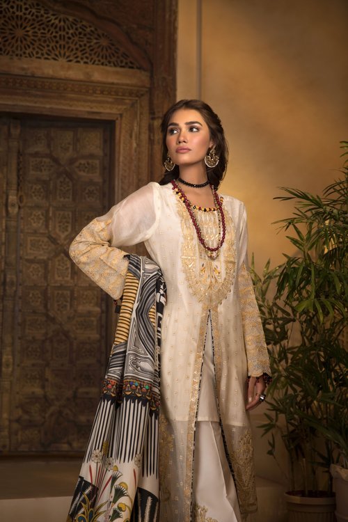 Sapphire Oriental Sunflower Unstitched Suit - Cream & Black
