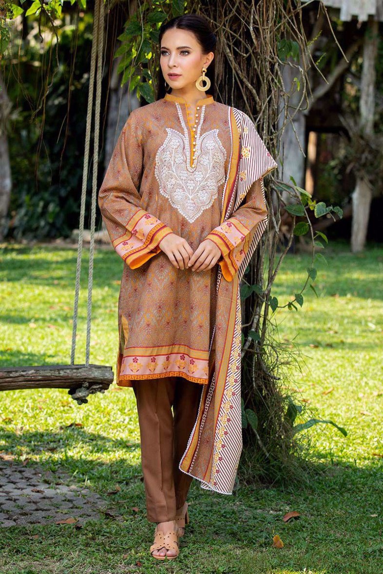 LSM 3 PC UNSTITCHED DRESS KEL-009B - BROWN